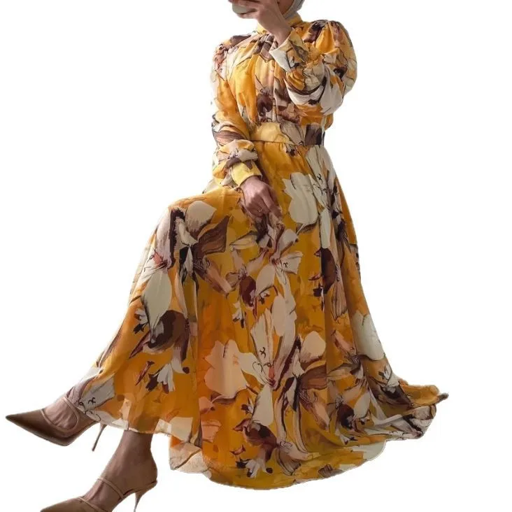 Nova chegada modesto vestido feminino impressão floral amarelo fino ajuste chiffon gola vintage moda cintura natural abaya