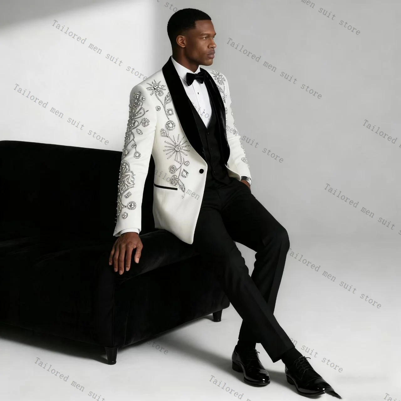 

White Crystals Men Suits Pants Set 2 Pcs Blazer+Black Cotton Trousers Wedding Tuxedos Prom Jacket Formal Office Business Coat