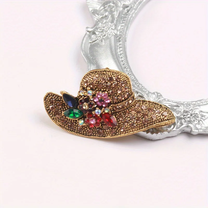 Vintage Rhinestone Hat Luxury Brooches for Women Classic Straw Cap Drop Oil Brooch Pin Clothing Suit Accessories Corsage