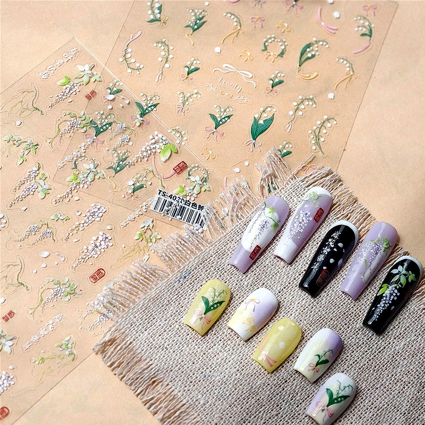 

Antique Lily of The Valley Purple Vine Wisteria Flower Bowknot Chinese Poem Chic Self Adhesive Nail Art Stickers Manicure Decals