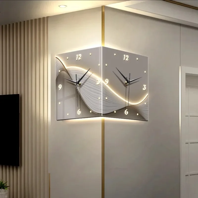 Modern simple corner lamp double-sided clock household living room corner led stereo clock punch-free corner wall clock