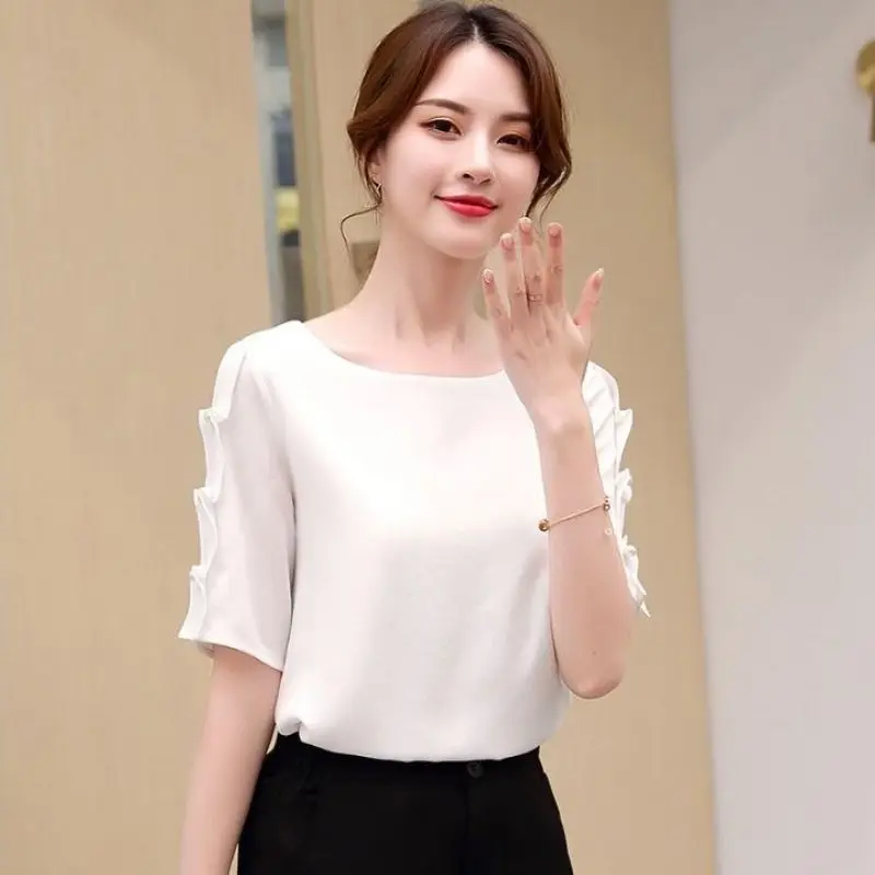 Women Summer Korean Simplicity Loose Diamonds Solid color O-neck short sleeve Chiffon Shirts Ladies Fashion All-match trend tops