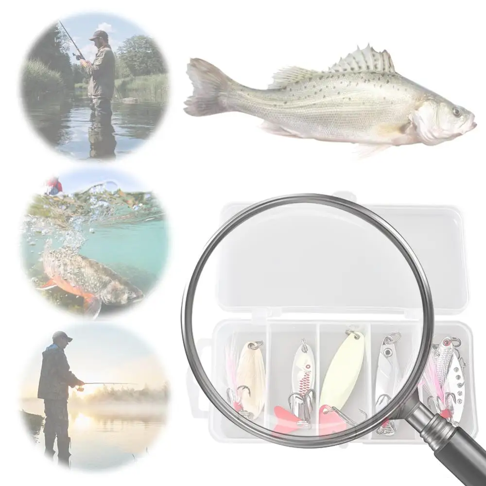 

Набор из 5 металлических рыболовных блесен-воблеров с тройными крючками и коробкой для хранения, искусственные приманки с блестками для рыбалки