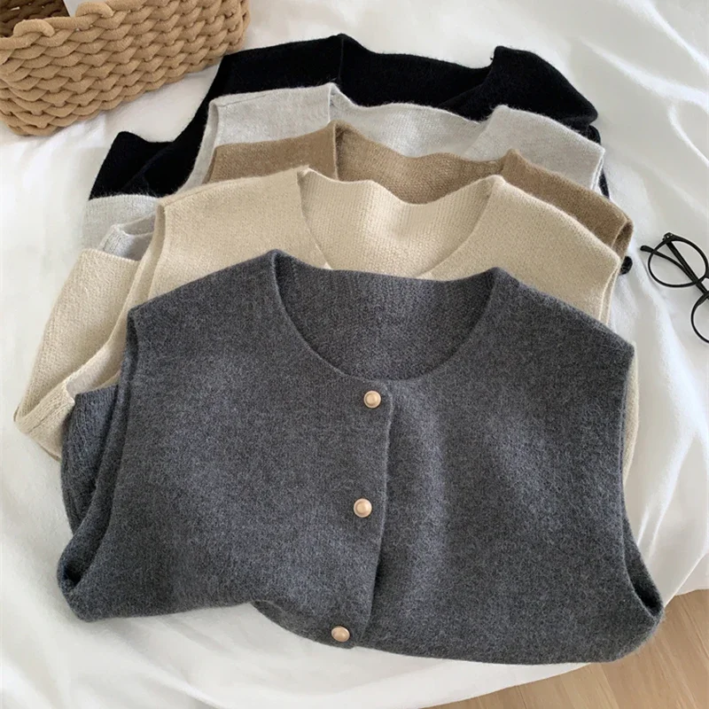 Autumn New Knitted Cardigan Women Korean Elegant Sleeveless Sweater Tanks Casual Fashiona New Slim Female Tops Gray Vest