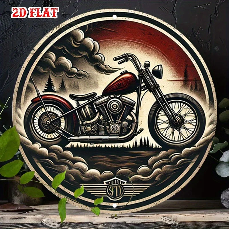 2D flach, 2D flach, 1 Stück, kräftige Linien, rundes Aluminiumschild, lebendiges Motorrad-Metallblechschild – Adventure Spirit, rustikale Metallwandkunst,