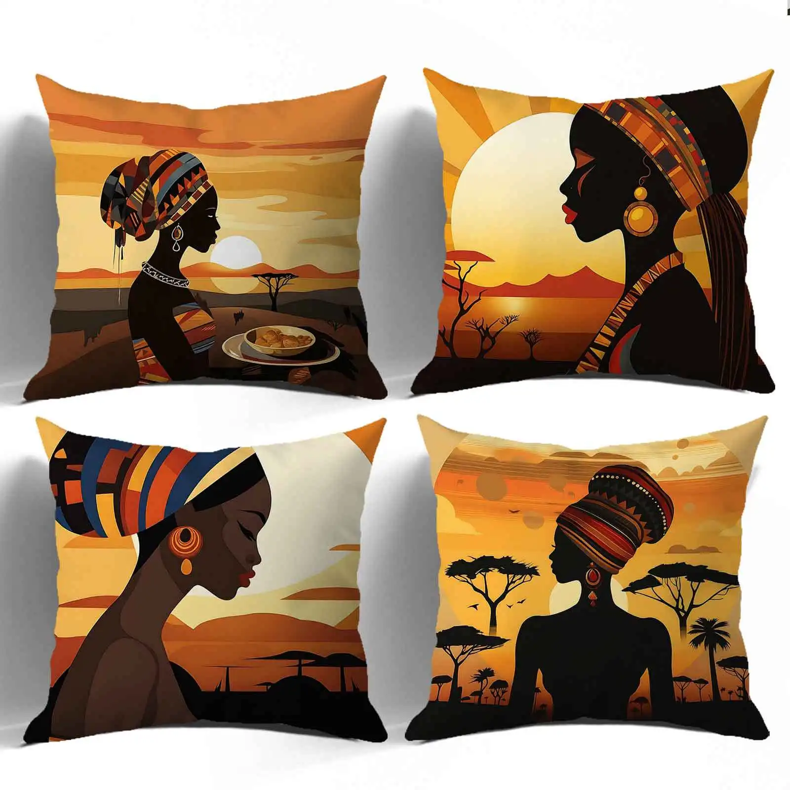 Kissenbezug mit Digitaldruck „Sonnenuntergang und Stammesfrauen“, kurzer Plüsch, geeignet für Wohnzimmer, Schlafzimmer, Sofas, Dekokissenbezug, 4 Stück