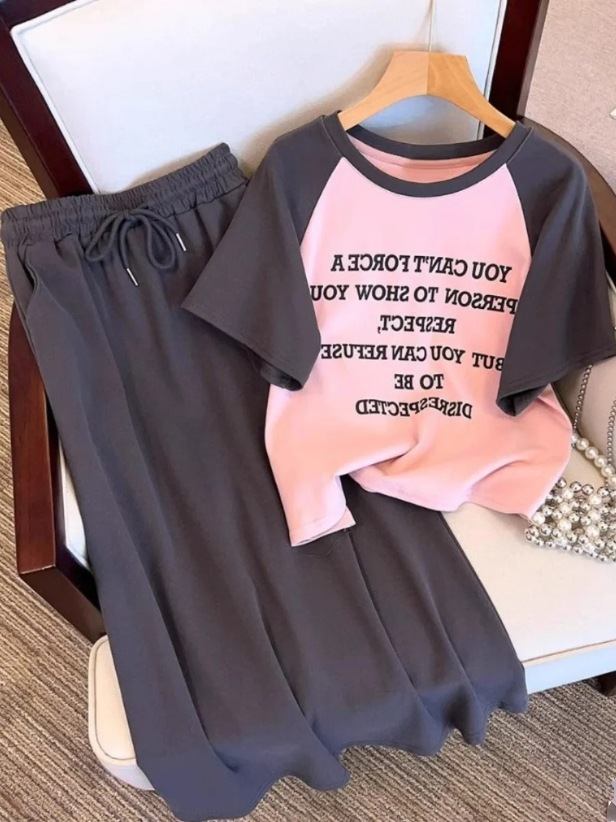 

plus Size Summer Spor Loose Fit Two Piece Set Women's High Waist A-Line Skirt Casual Comfortable Faion Ensemble