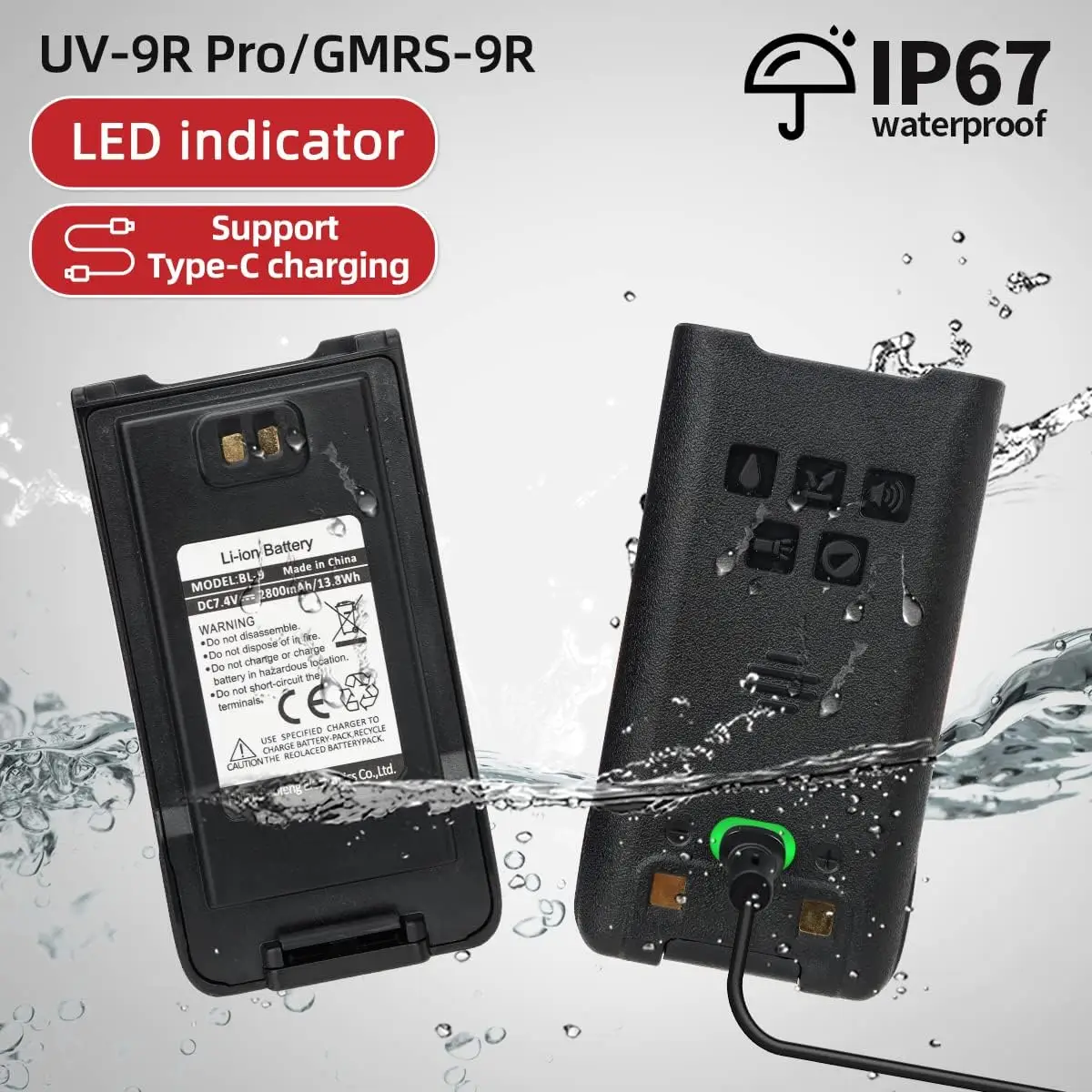 BAOFENG-UV-9R Pro Walkie Talkie de mão, impermeável, IP67, rádio bidirecional, carregador tipo C, recarregável, longo alcance, walkie talkie