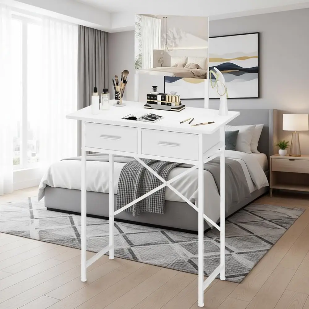 

White Space-Saving Makeup Vanity Desk with Mirror and Storage for Compact Bedrooms