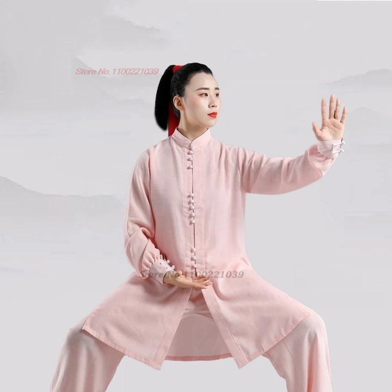 2024 chiński vintage tai chi martail art jednolite bawełniane lniane topy + spodnie zestaw kung fu tai ji trening ćwiczenia wydajność garnitur