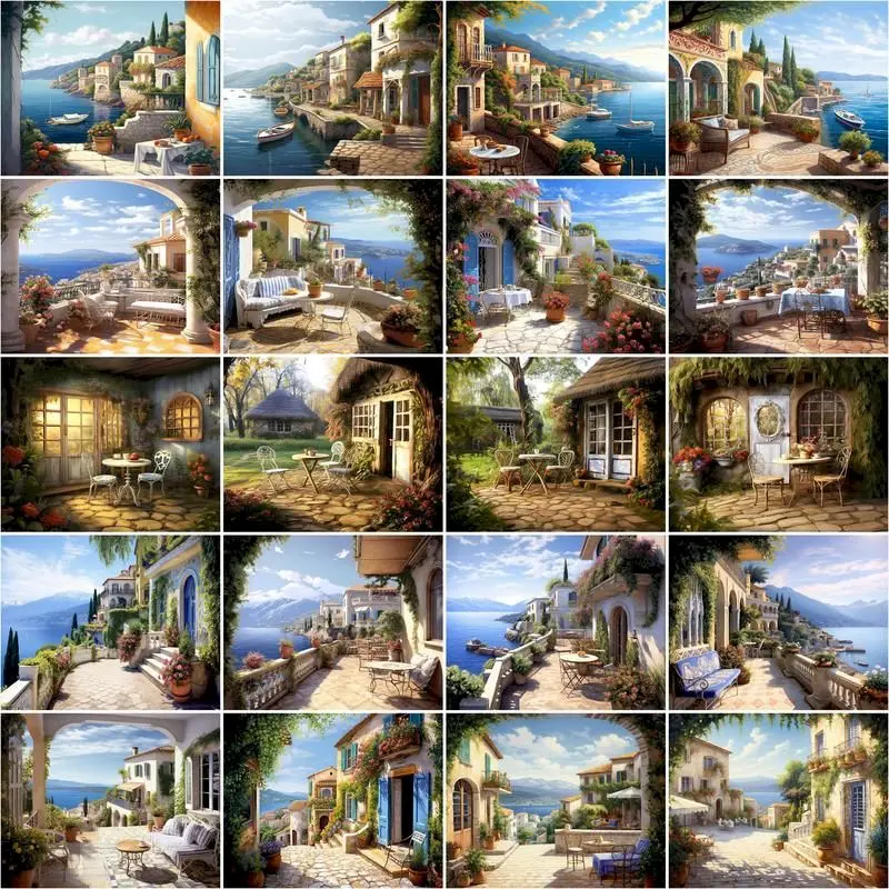 

CHENISTORY Pictures By Number Seaside Vacation House Handpainted Kits Drawing Canvas Oil Painting By Number Home Decor