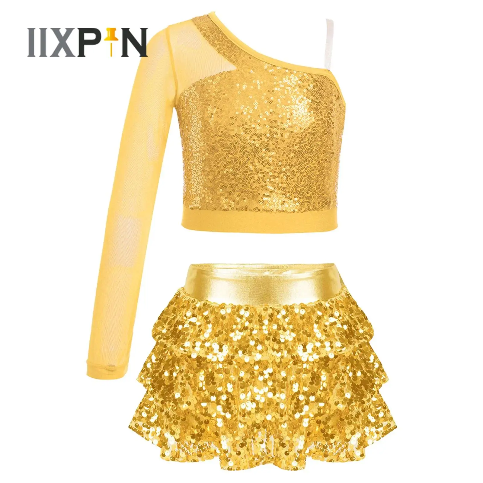 

Kids Girls Jazz Dance Costume Shiny Sequin Sheer Mesh Crop Tops+Tiered Ruffle Skirted Shorts Culottes for Ballet Performance