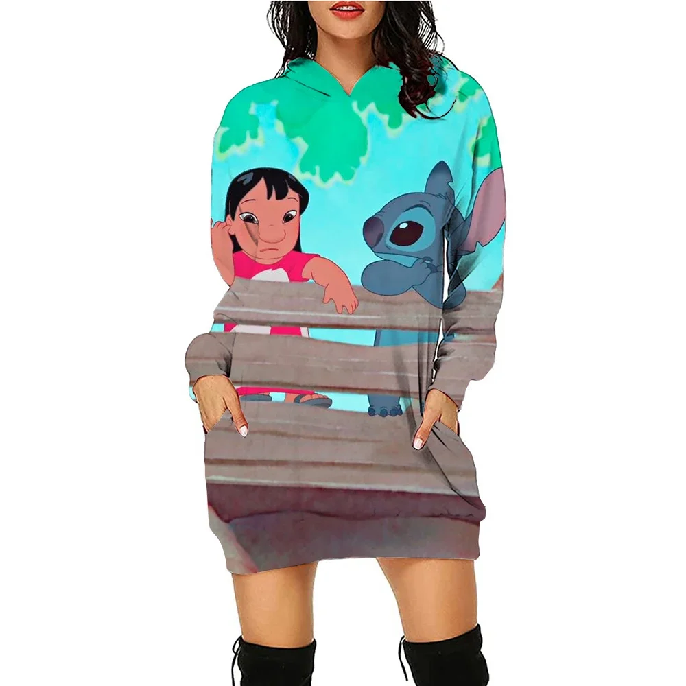 Robe à capuche à manches longues pour femmes, pull de sport, mode imprimée, Disney Stitch, coupe couvertes, robe à capuche de poche, S-3XL