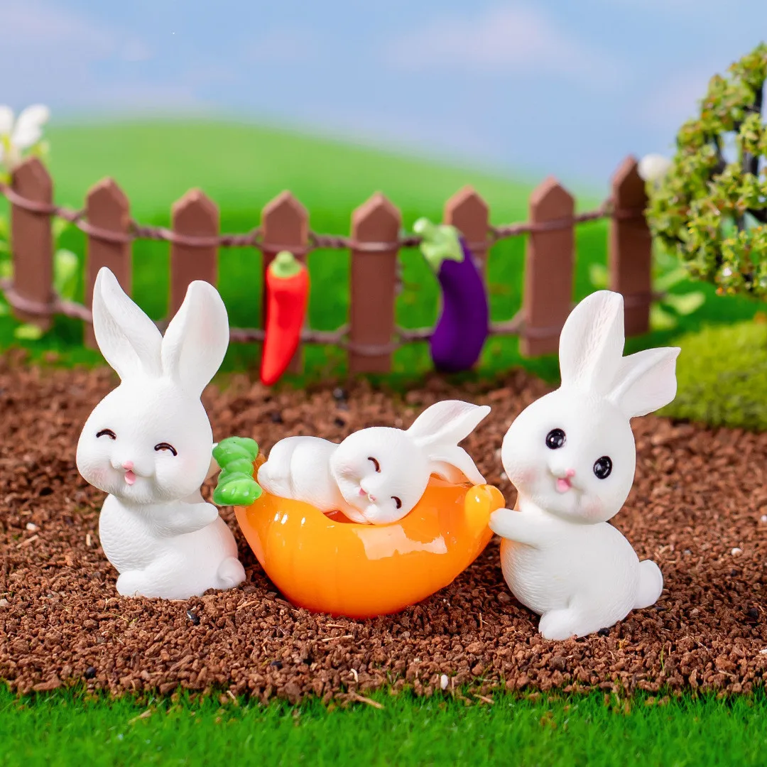 Figurines Miniatures Cartoon Funny Cute White Rabbit Animals Micro Landscape Ornaments For Home Decorations Desk Accessories