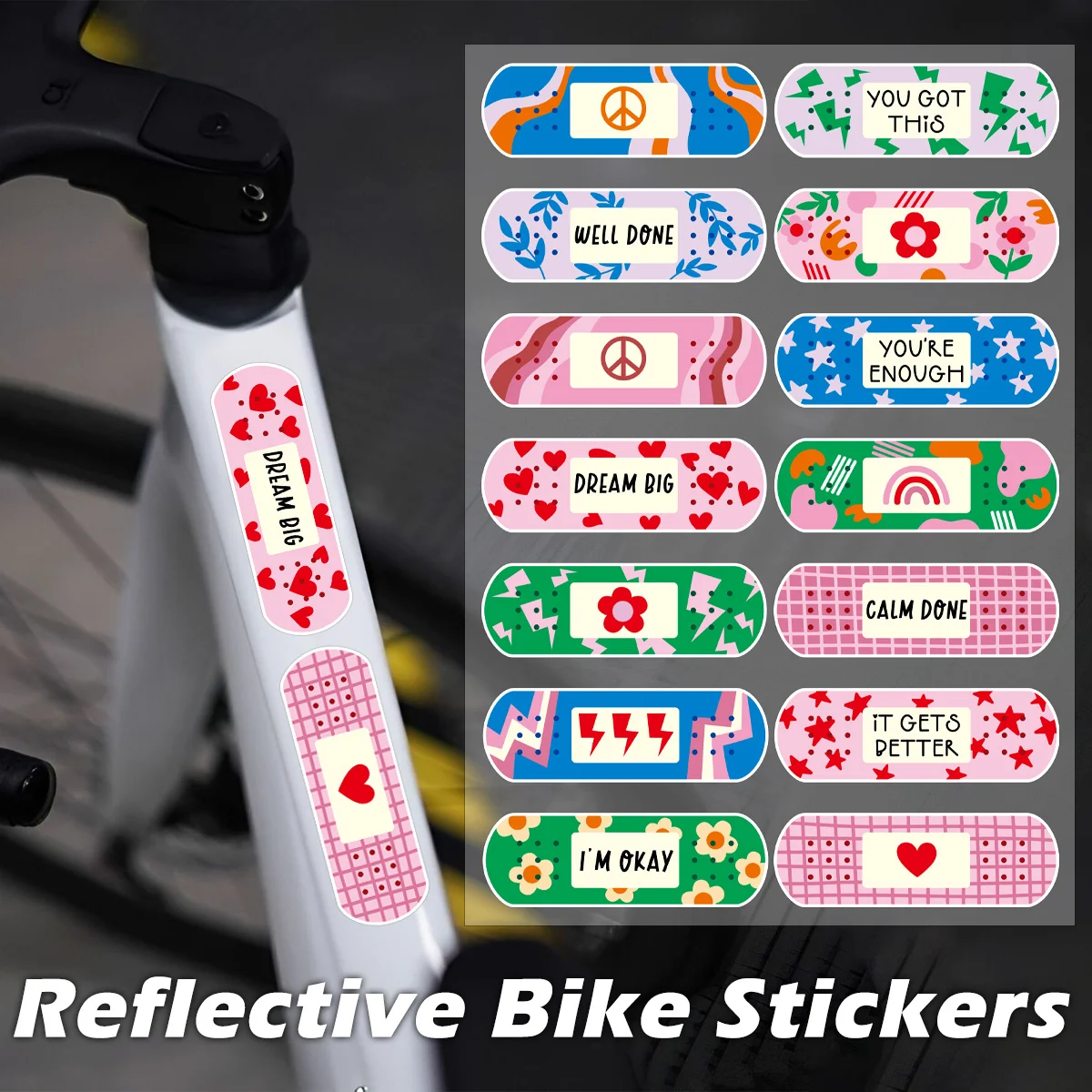 

1SET Reflective Bike Stickers Motivational Phrases Heart Pattern Adhesive Decal for Bicycle Laptop Phone
