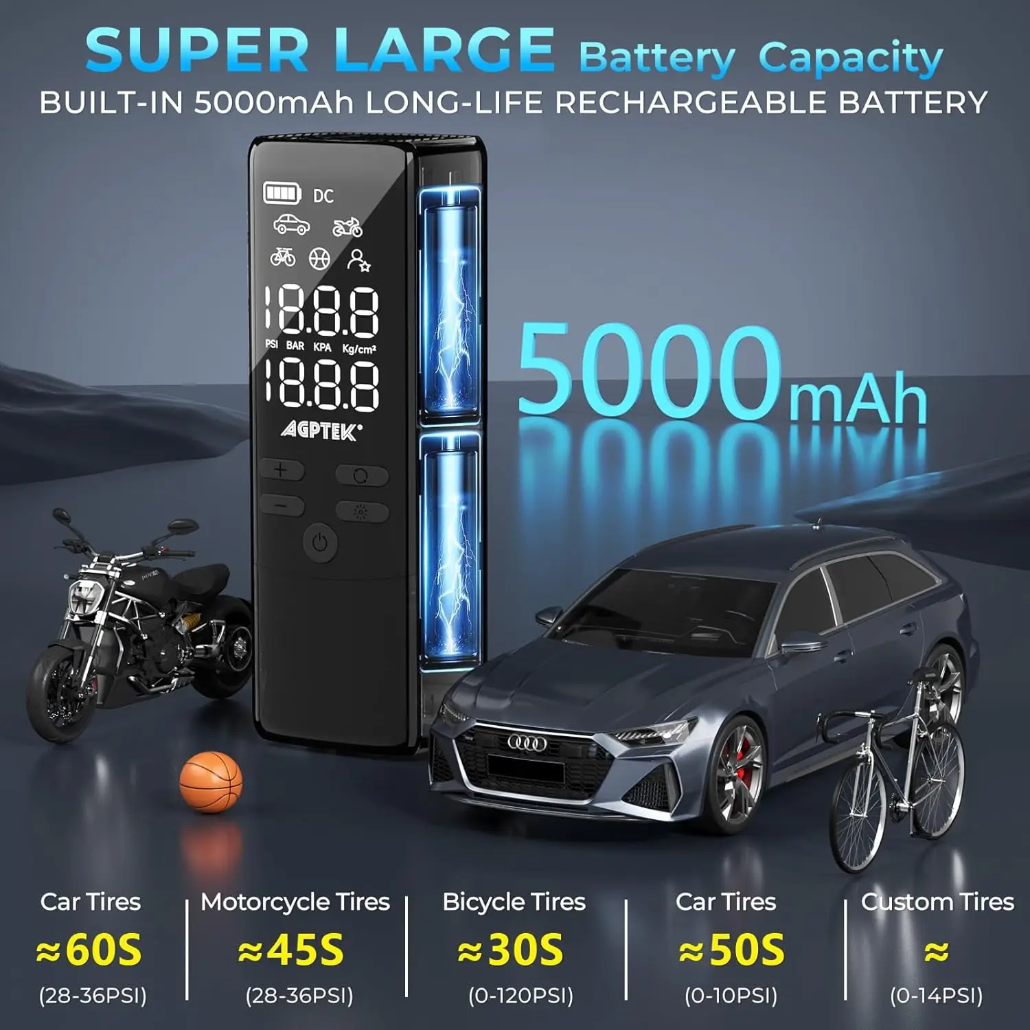 Portable Tire Inflator 150PSI Electric Air Pump with LCD & LED Light for Cars, Bikes, Motorcycles, Balls