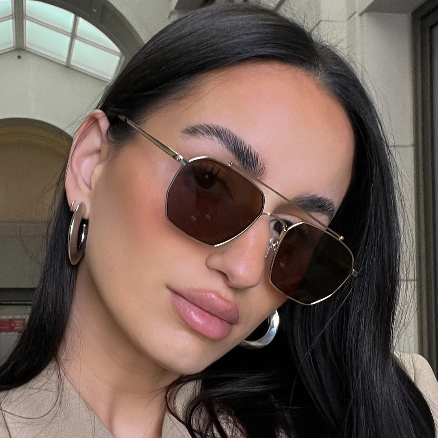 2025 New Fashionable Retro Square Sunglasses Metal Double Beam Polygonal Men's and Women's Personalized Sunglasses