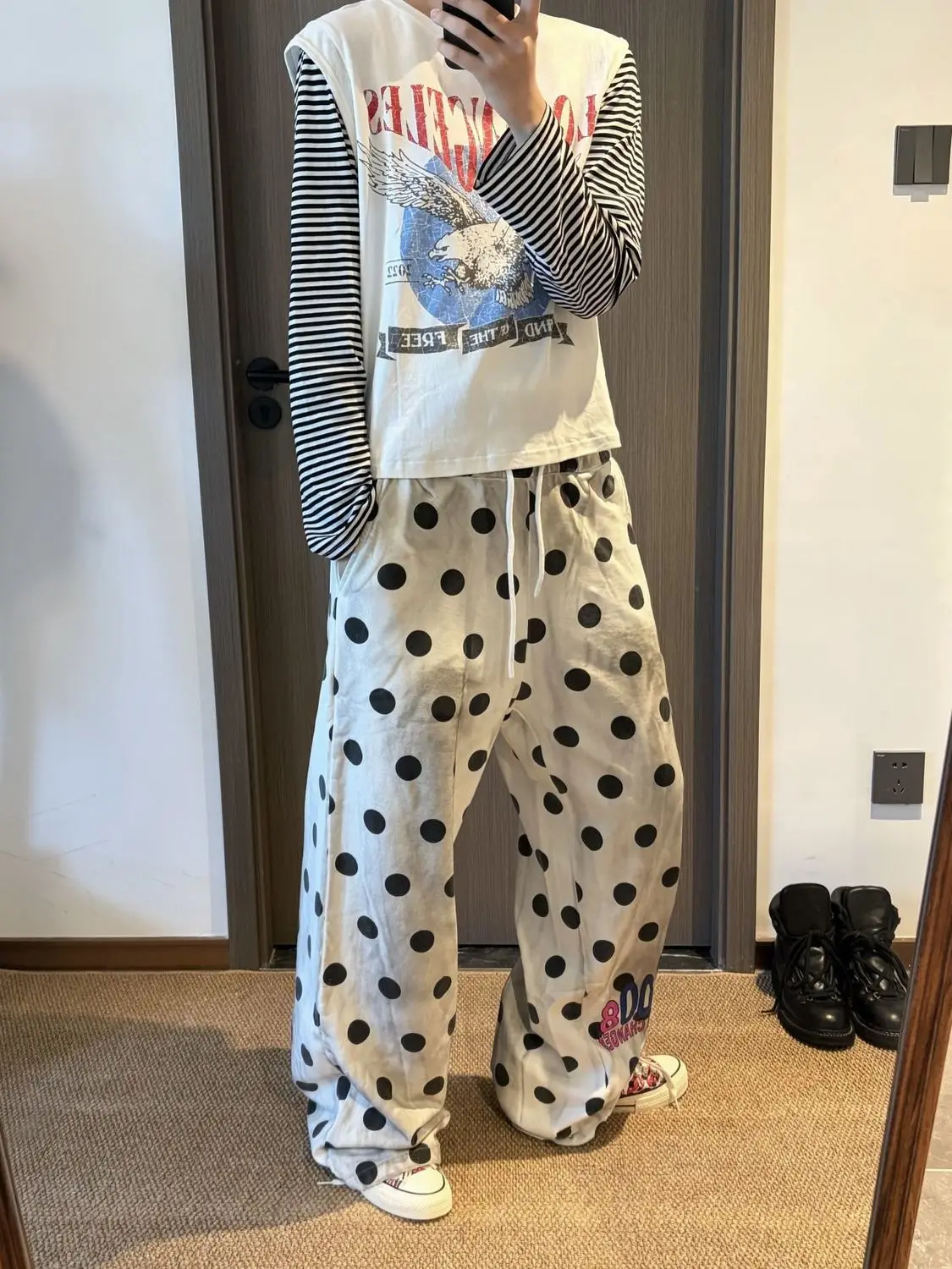 Men's Dirty Polka Dot Pattern Retro Casual Pants High Waist Unisex Trousers Summer Street Boy Bottom Male Wide Legs Sweatpants