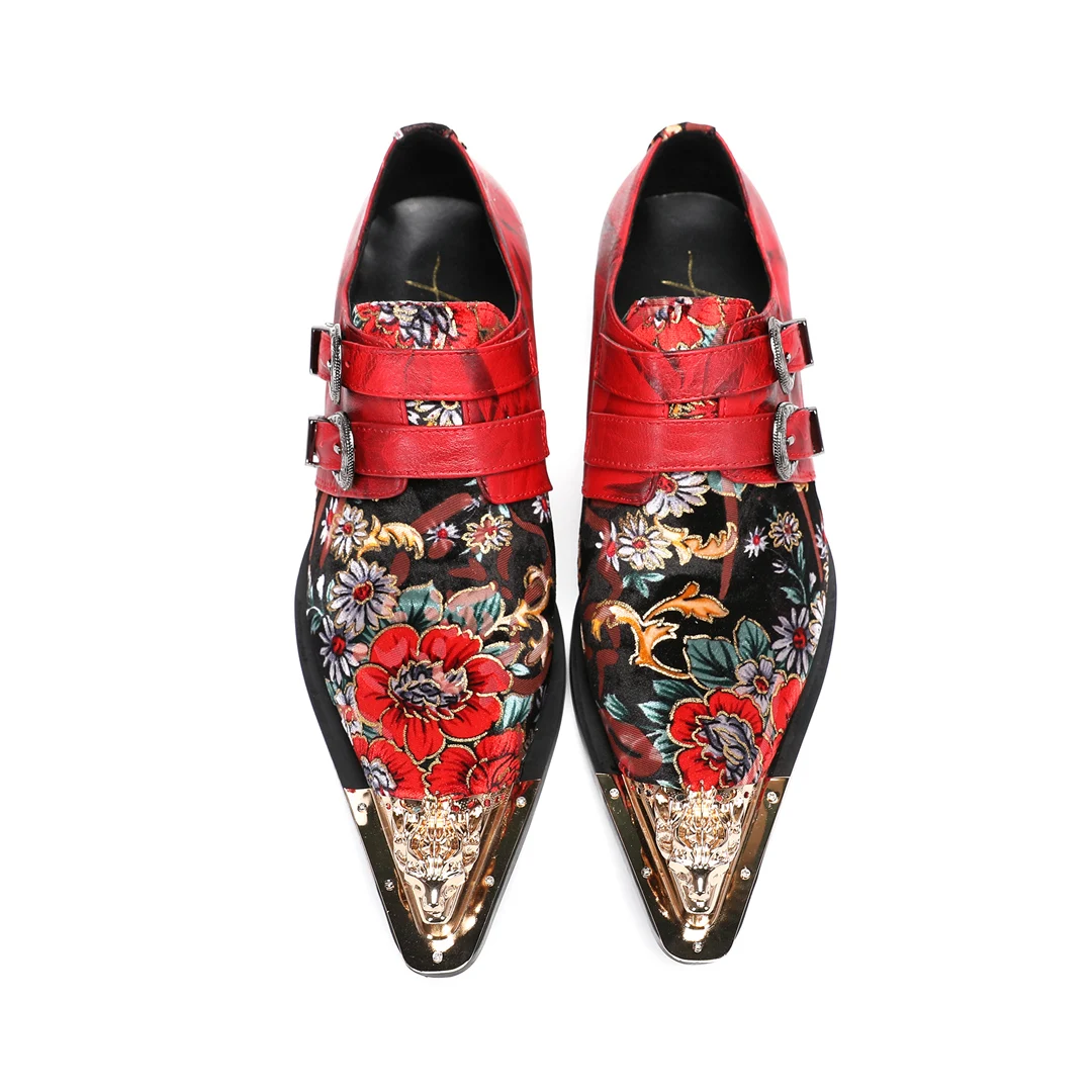 New Chinese Style Red Flower Men Oxfords Shoes Big Size Metal Pointed Toe Real Leather Shoes Male Wedding Celebrate Dress Shoes