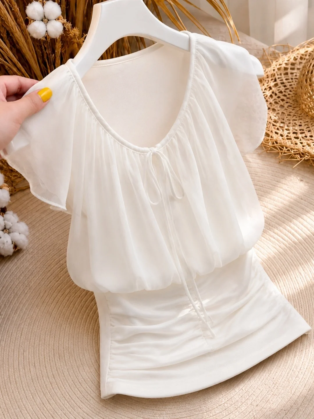 Fall Commute Fashion Slimming Belted Design Sense Waist-Cinching Versatile Top Light Maturity Style Small Shirt Poet Linen