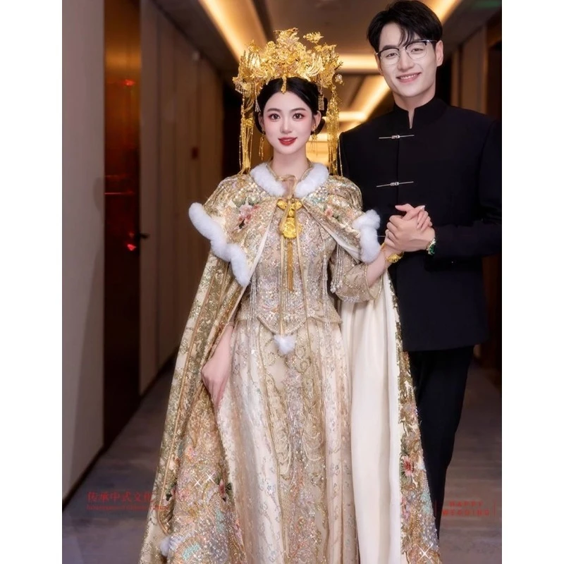 2026 جديد عباءة الزفاف الزفاف الصيني فينيكس تاج الفحم الشتاء سميكة المرأة عباءة جميلة كيب الشمبانيا Xiuhe عباءة #4