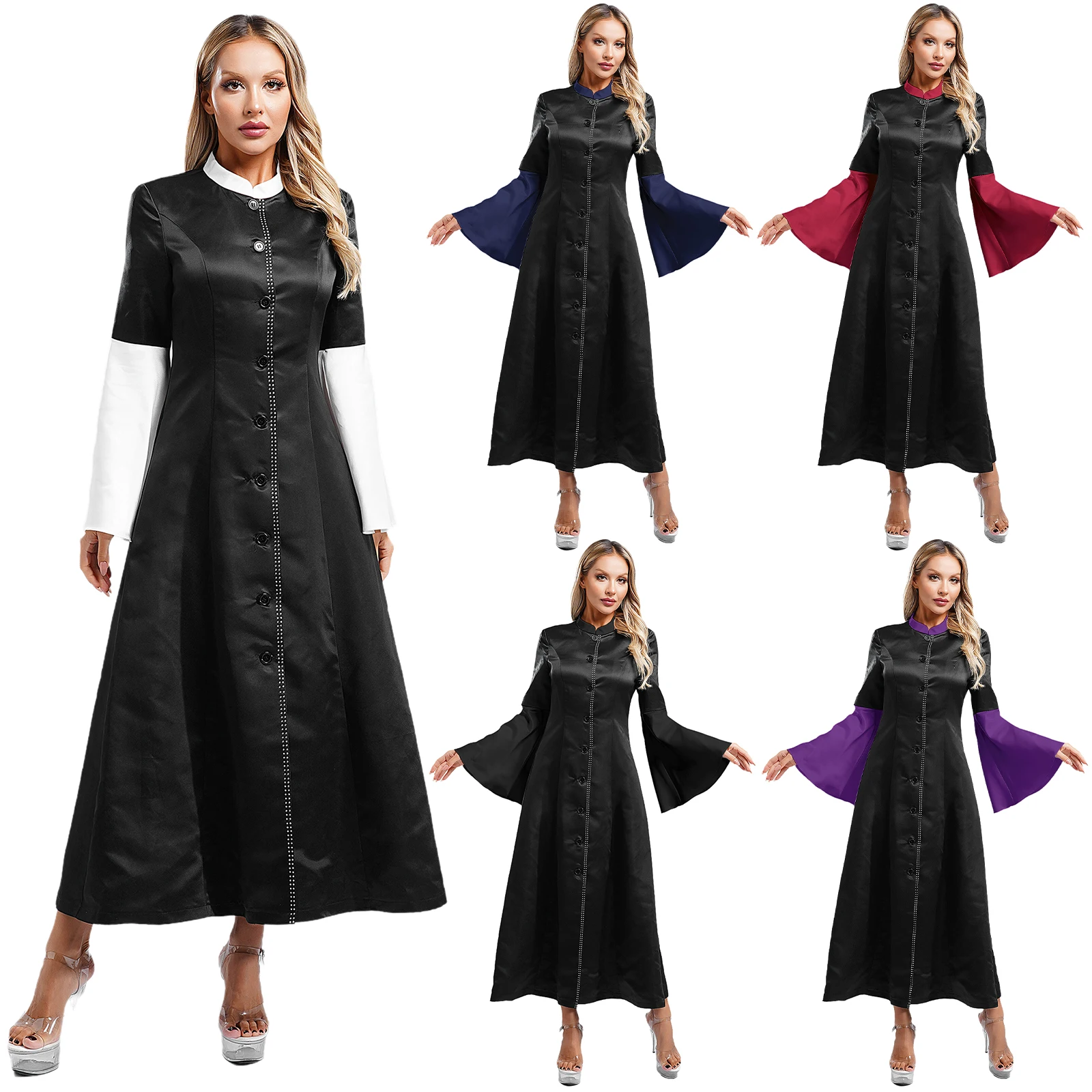 Womens Church Choir Robe Liturgical Dress Trim Color Block Mandarin Collar Flared Sleeves Clergy Cosplay Gown Halloween Dress Up