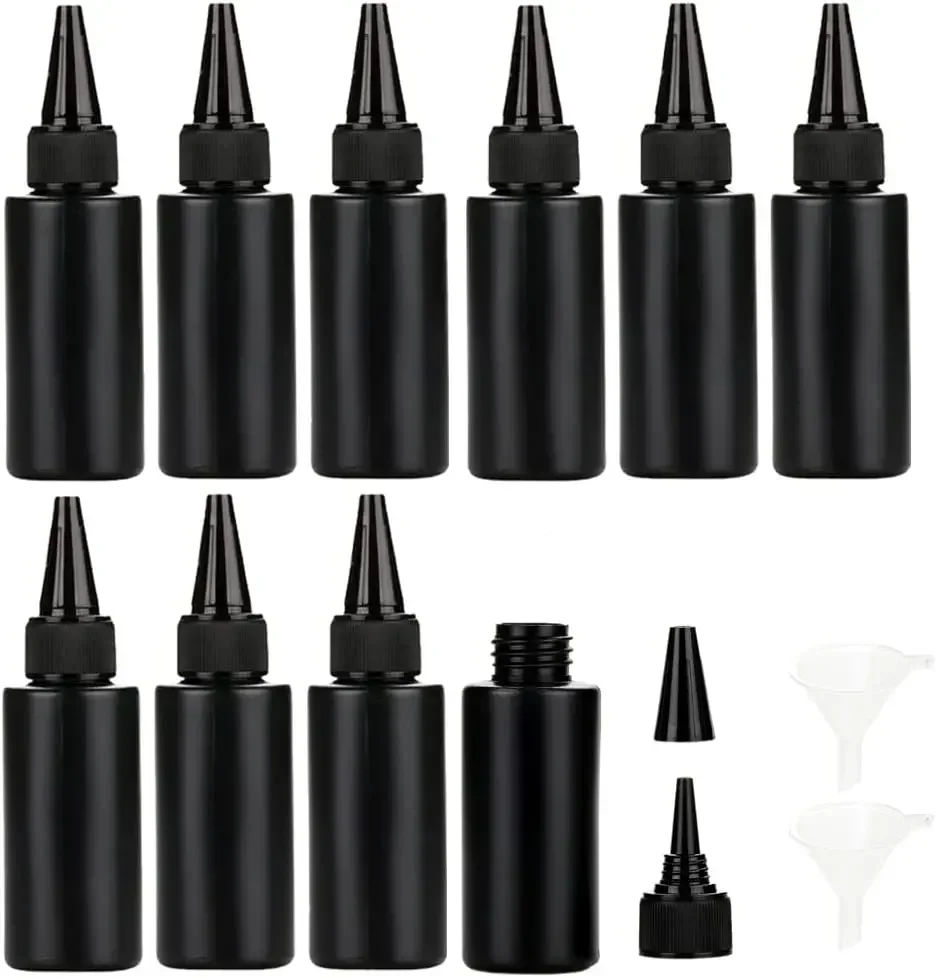 10pcs Empty Plastic Soft Bottle Black HDPE Cylinder With Twist Pointed Top Black Round Top Caps， Lightproof Glue Bottles