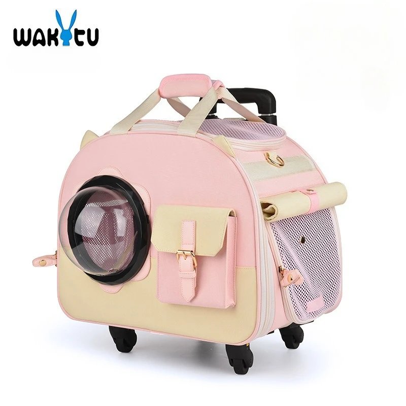

Wakytu Portable Cat Bag Trolley Box Breathable Go Out Silent Wheel Pet Bag Shoulder Large Capacity Travel Backpack for Cats