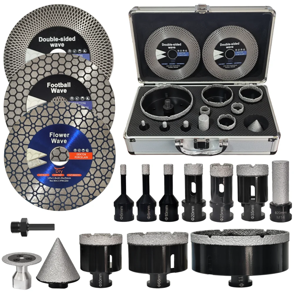 13/15Pcs Diamond Drill Bit Kit Saw Blades Chamfer Bit Adapter Drilling Milling Bits Marble Tile Granite Masonry M14 Thread Tools