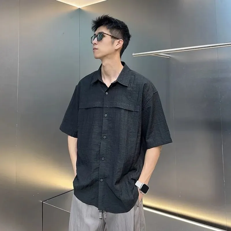 

Men Black Textured Oversized Shirt Turn Down Collar Short Sleeve Button Front Casual Blouse Top With Chest Pocket