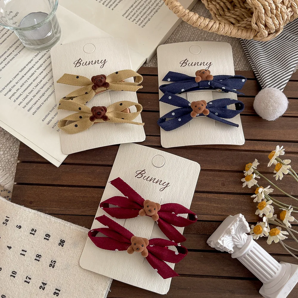 2pcs Velvet Polka Dot Bow Hairpin Bangs Side Clip Cartoon Bear Hair Clip Girl Hairpin Barrettes Headwear Kids Hair Accessories