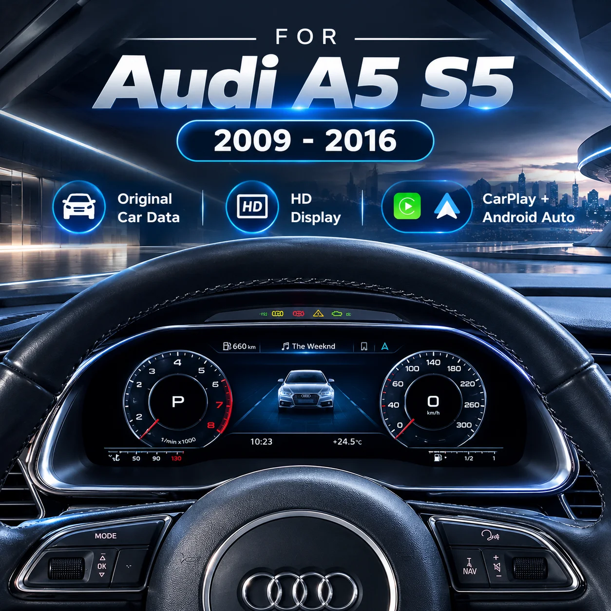 12.3 Inch LCD Digital Dashboard For Audi A5 S5 2009-2016 Instrument Cluster Speedometer Virtual Cockpit CarPlay Android Auto