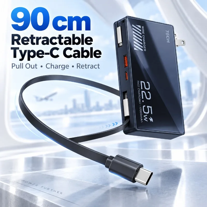 5‑in‑1 Magnetic Wireless Power Bank PD20W Builtin Wall Charger Plug Retractable Cable Portable Fast Charging Mobile Power Supply