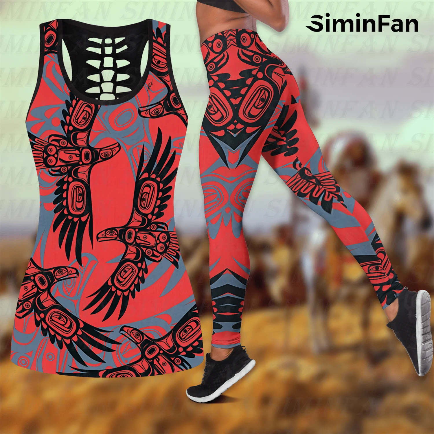 

Tribal Eagle Horse 3D Printed Two Piece Yoga Set Women Hollow Out Tank Top Legging Summer Vest Casual Sportswear Pant Suit 2