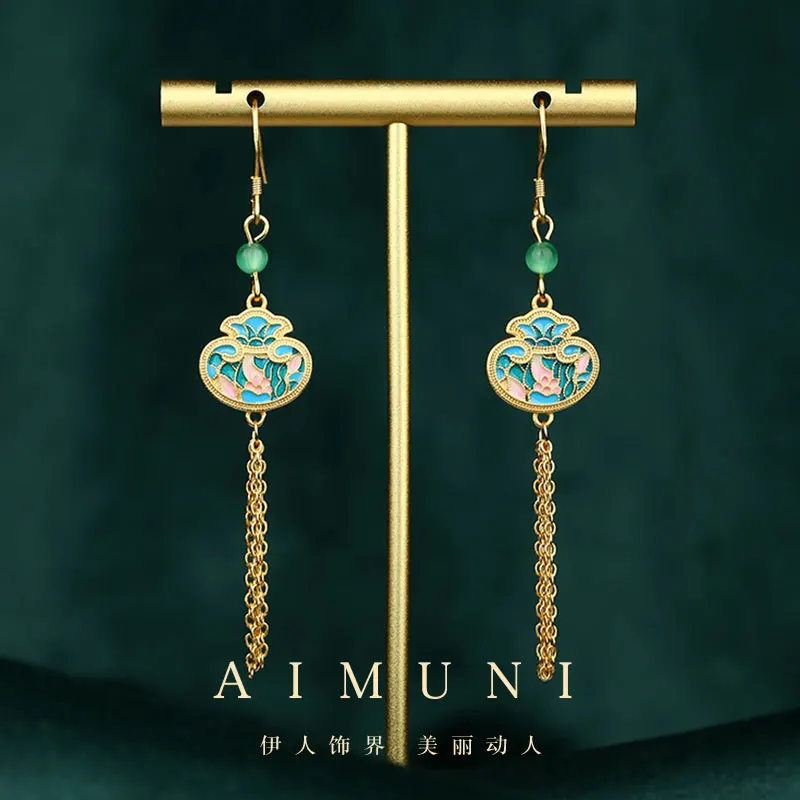 

Summer New Chinese Style Painted Enamel Lucky Bag Inlaid Imitation Hetian Jade Tassel Earrings Cheongsam Hanfu Earrings Vintage