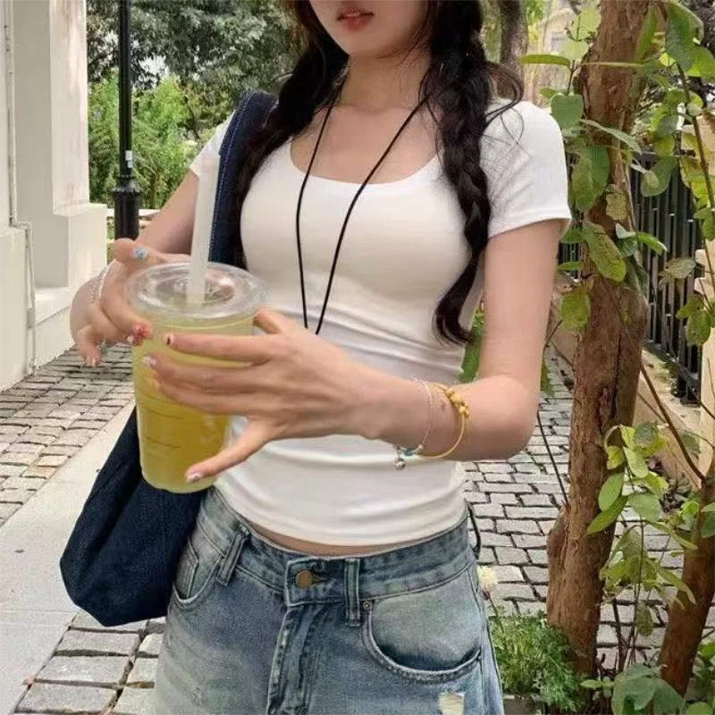 الصلبة اللون لينة الأساسية الأعلى للنساء الصيف نحيل مثير تي شيرت U طوق قميص قصير الأكمام أعلى لفتاة الساخنة