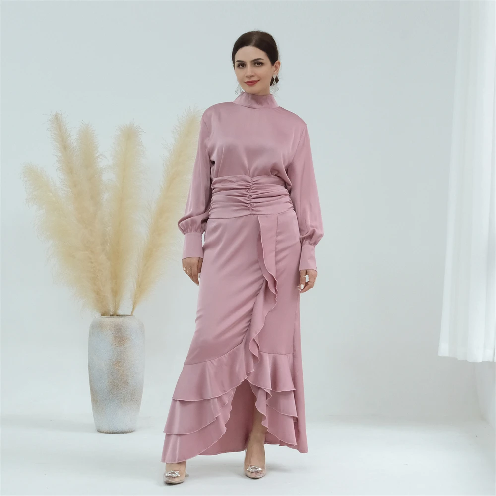 

Satin 2 Piece Muslim Women Matching Sets Dubai Tops and Long Skirt Suit Ruffle Eid Modest Outfits Abaya Kaftan Islamic Clothing