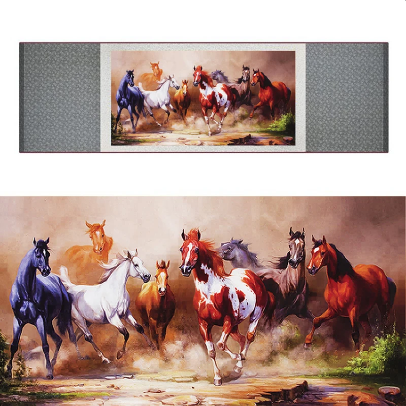 top quality Chinese Horse silk painting  Horse art painting Silk scroll art painting eight horse painting19062710