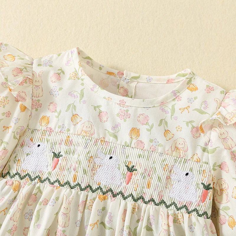 Robe d'automne pour filles, imprimé Floral, avec ourlet à volants, broderie de lapin, manches longues, robes de princesse en coton, tenue mignonne pour tout-petits, 2025