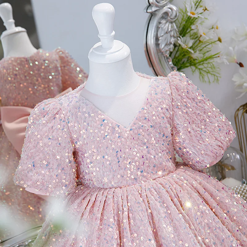 Robe de soirée courte à paillettes roses pour adolescentes, tenue de soirée de luxe pour enfants de 2 à 14 ans, 2022