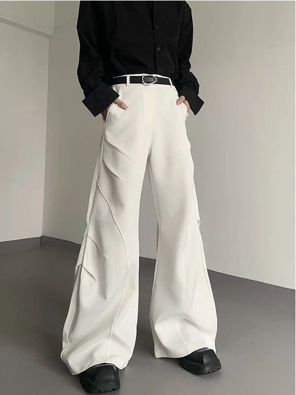 

American Design Sense White Splicing Drapey Pleated Micro Flared Knife West Pants Men High Sense Wide Leg West Pants