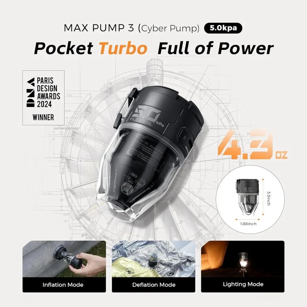 

3 Air Pump for Inflatables, 5Kpa Portable Air Pump, 500L/min Air Mattress Pump with Camping Light, Electric Pump