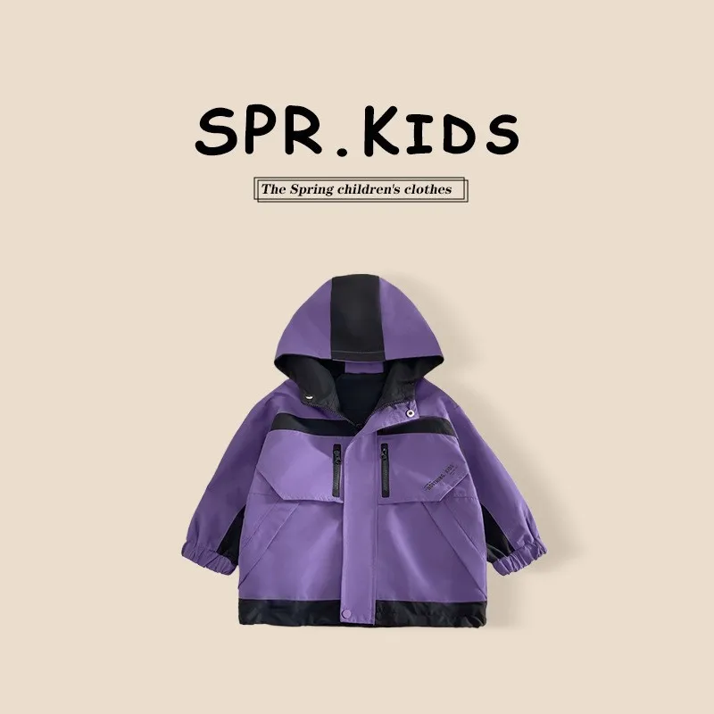 Children Boys Spring Autumn Workwear Jacket Hooded Water Proof Kid Boys Overcoat Casual Loose Elastic Hem 1-8Y Boys Outerwear