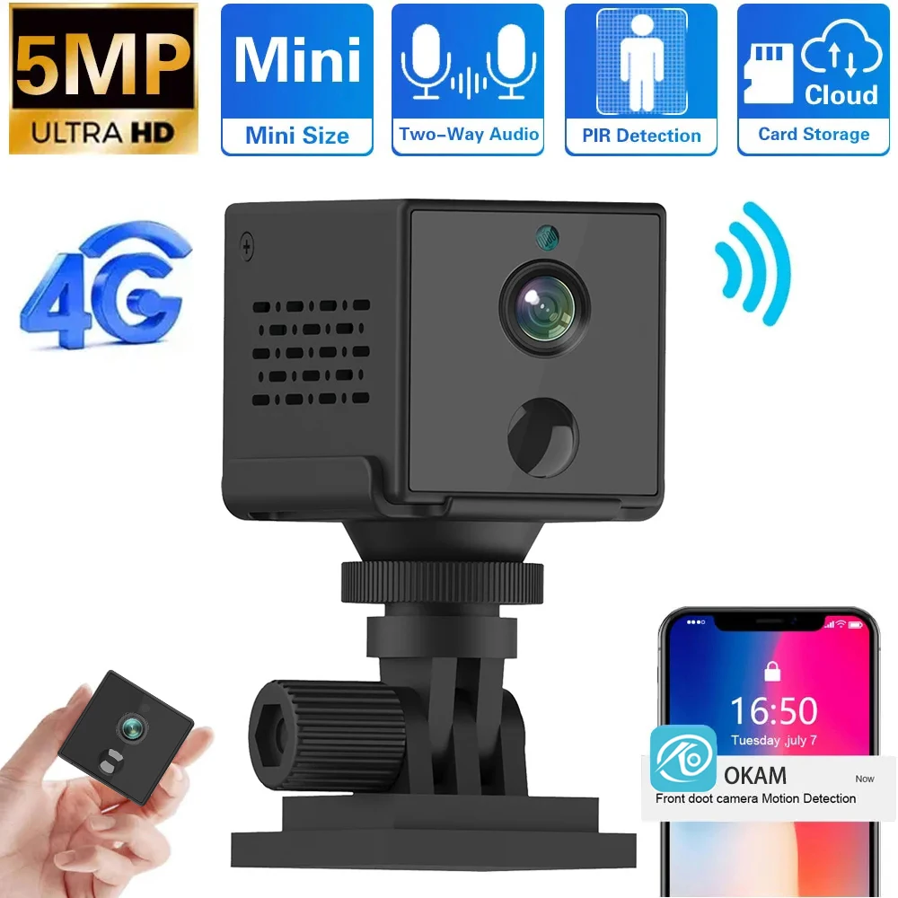 5MP Mini 4G Security Camera SIM Card WiFi Camera Built-in 3000mAh Human Detection Video Surveillance Camcorder Voice Intercom