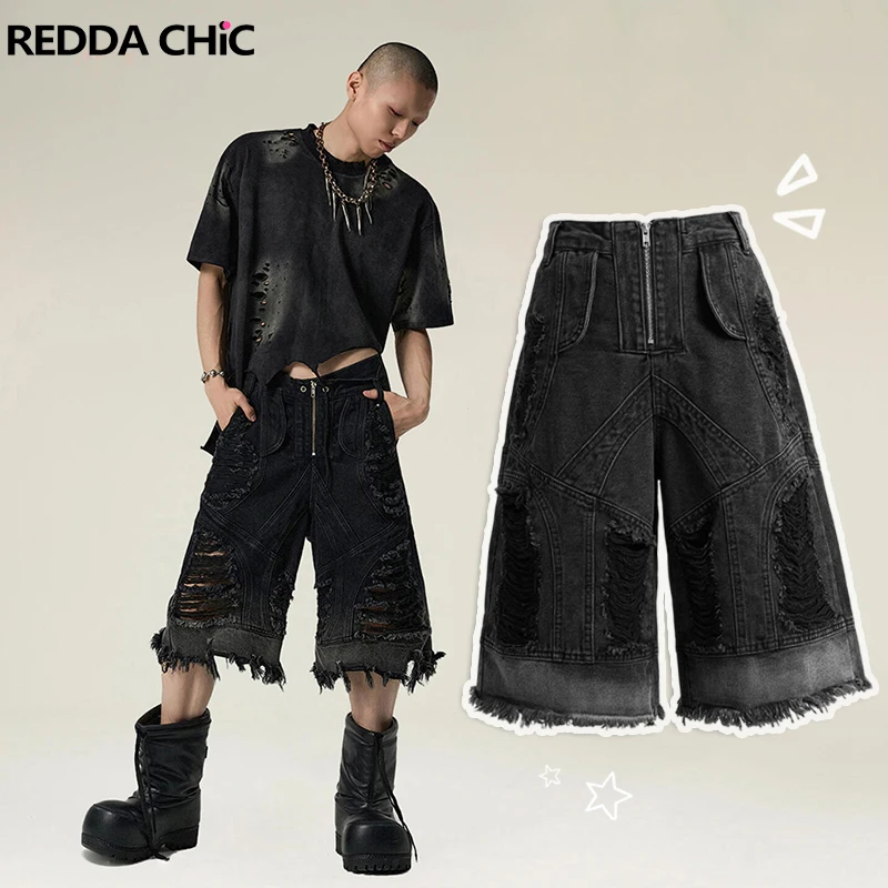 

REDDACHiC Stitch Raw Hem Men's Jean Shorts Ripped Hole Eyelets Zipper Wide Leg Casual Bermuda Pants Grunge Punk Cargo Streetwear