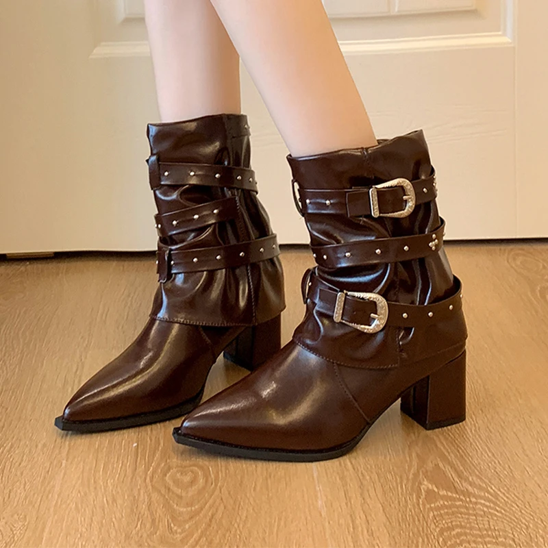 

Ankle Boots for Women High Heels Luxury Shoes Chunky Designer Short Boots 2025 Pointed Toe Fashion Pumps Female Motorcycle Botas