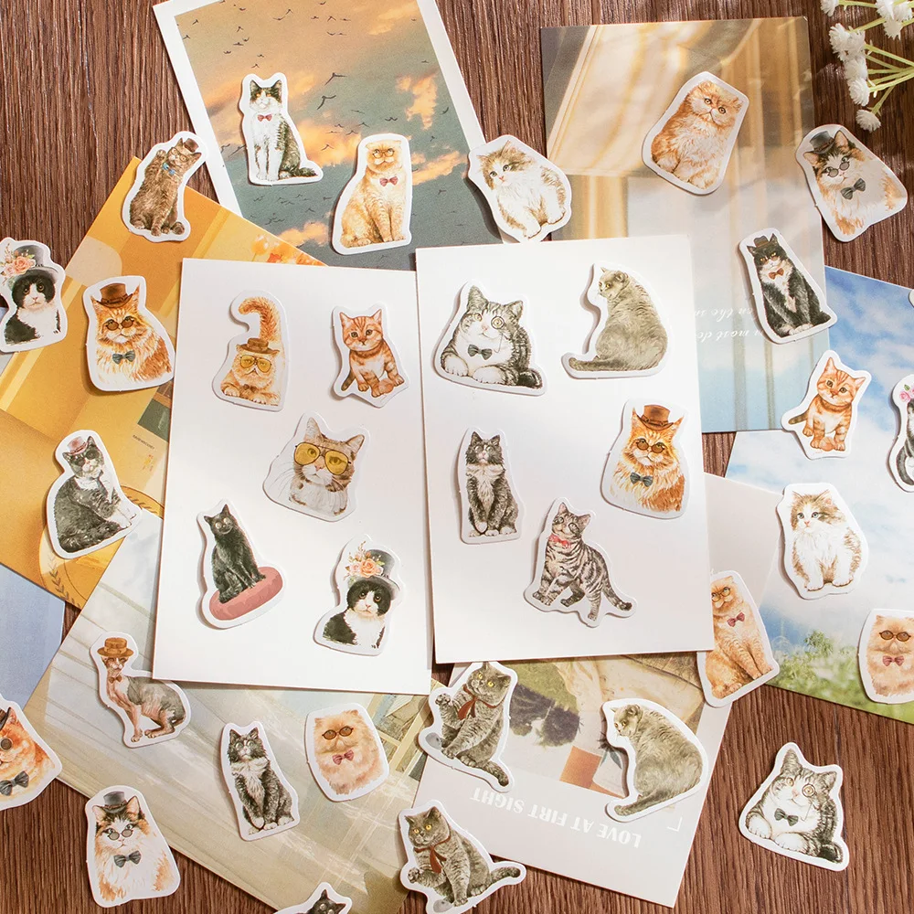 

Portable Self Adhesive Sticker Pack 46 Counts Hello Cat Retro Animal for Journal Scrapbook Decoration Multicolor