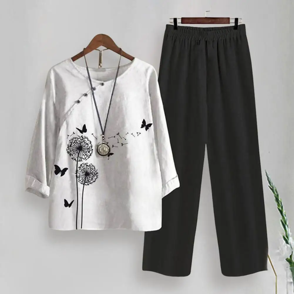 ชุดสูทกางเกงสองชิ้นสำหรับผู้หญิงวัยกลางคนและสูงอายุกางเกงขากว้างเสื้อยืดท็อปแบบตัวสั้นแขนสั้นสำหรับฤดูร้อน