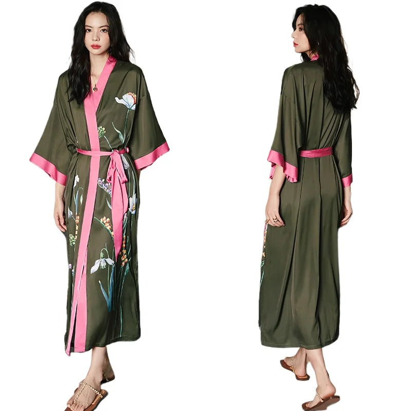 

Women's 2026 Summer Large Size Ice Silk Light Luxury Nightgown Smooth Soft Robes Bathrobe Cool Loungewear Satin Chiffon Pajamas