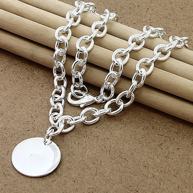 

925 Sterling Silver 18 Inch Chain Round Pendant Necklace For Women Wedding Engagement Fashion Jewelry